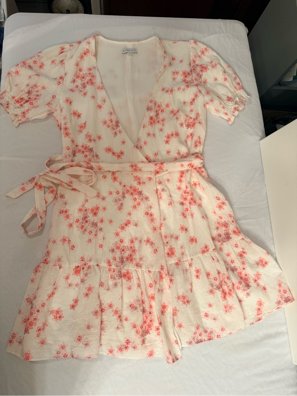 Gianni Bini Cream Mini Wrap Dress with Coral Floral Print